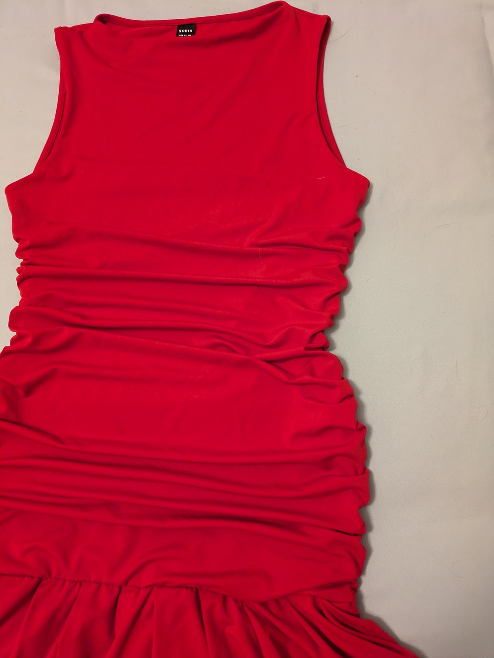 Red Ruched Bodycon Drop Waist Ruffle Mini Dress - Picture 6 of 7